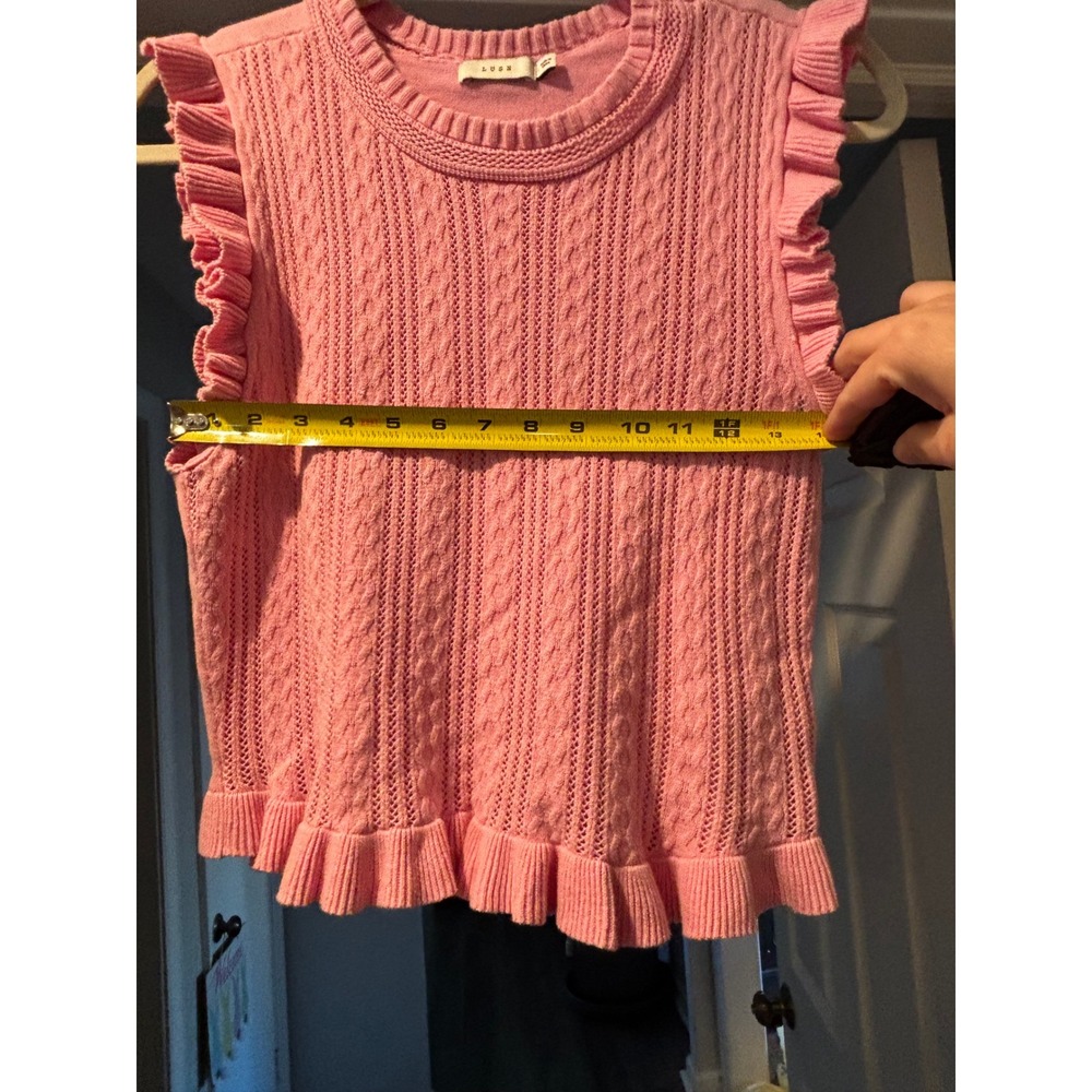 LUSH Pink Cable Knit Ruffle Trim Sweater Vest Sleeveless Top Large - Picture 7 of 8